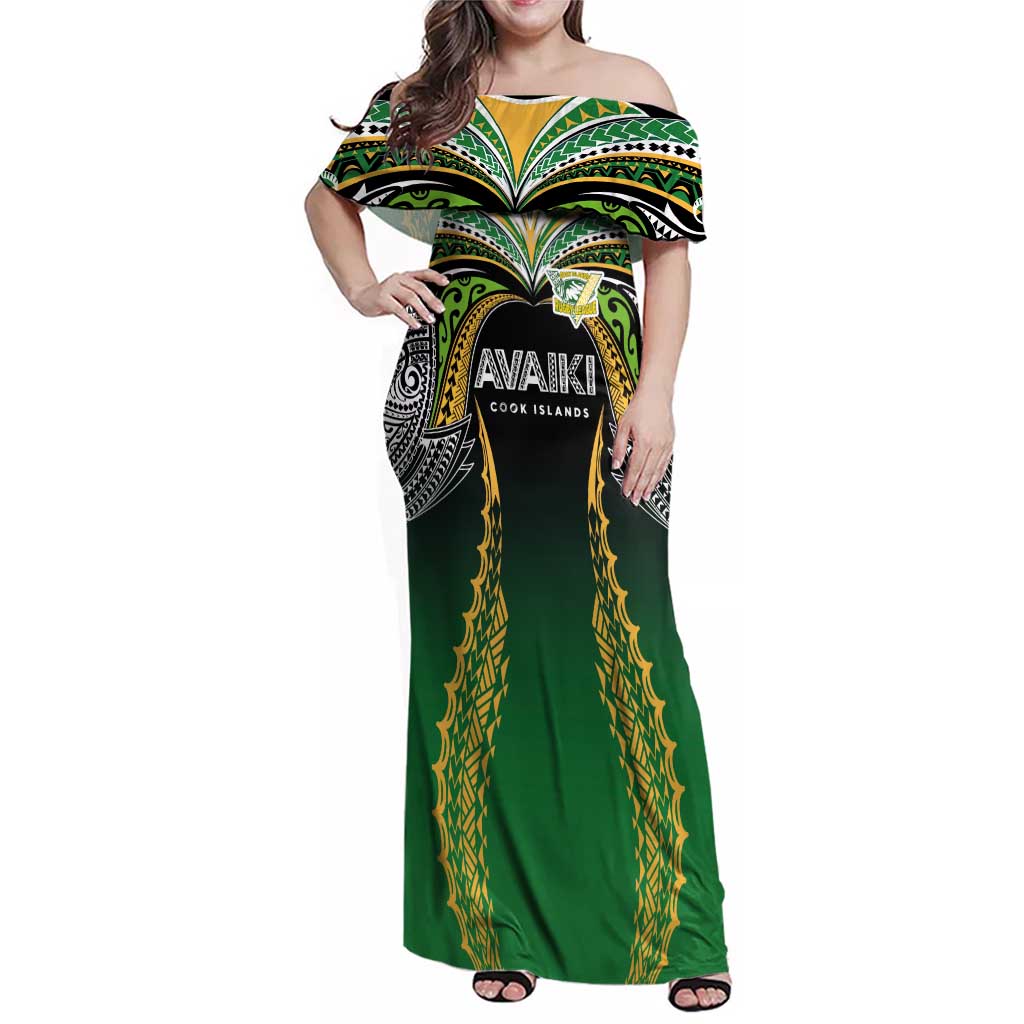 Custom Cook Islands Rugby League Family Matching Off Shoulder Maxi Dress and Hawaiian Shirt Avaiki Tatau Tribal Motifs Black Color - Polynesian Pride