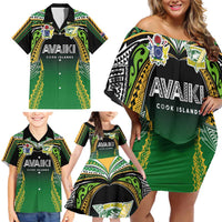 Custom Cook Islands Rugby League Family Matching Off Shoulder Short Dress and Hawaiian Shirt Avaiki Tatau Tribal Motifs Black Color - Polynesian Pride