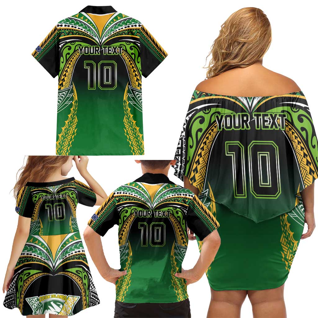 Custom Cook Islands Rugby League Family Matching Off Shoulder Short Dress and Hawaiian Shirt Avaiki Tatau Tribal Motifs Black Color - Polynesian Pride