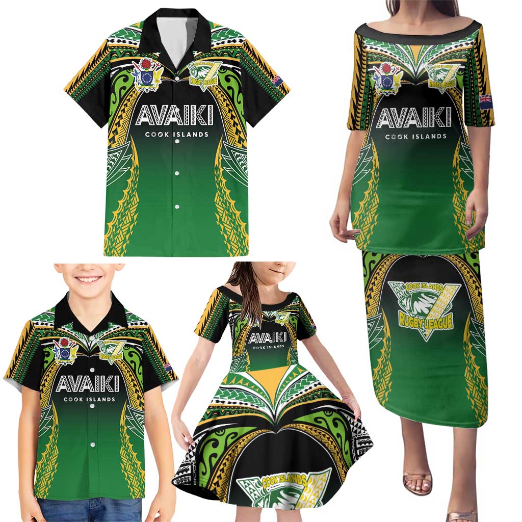 Custom Cook Islands Rugby League Family Matching Puletasi and Hawaiian Shirt Avaiki Tatau Tribal Motifs Black Color - Polynesian Pride