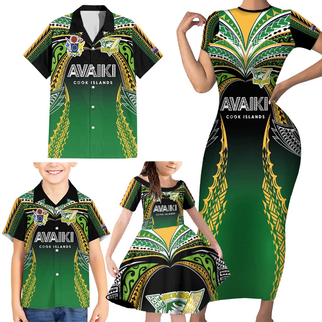 Custom Cook Islands Rugby League Family Matching Short Sleeve Bodycon Dress and Hawaiian Shirt Avaiki Tatau Tribal Motifs Black Color - Polynesian Pride