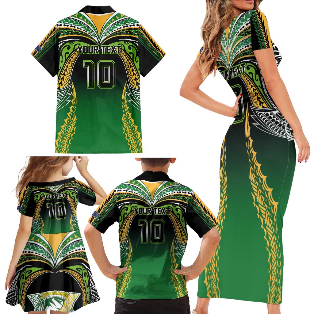 Custom Cook Islands Rugby League Family Matching Short Sleeve Bodycon Dress and Hawaiian Shirt Avaiki Tatau Tribal Motifs Black Color - Polynesian Pride