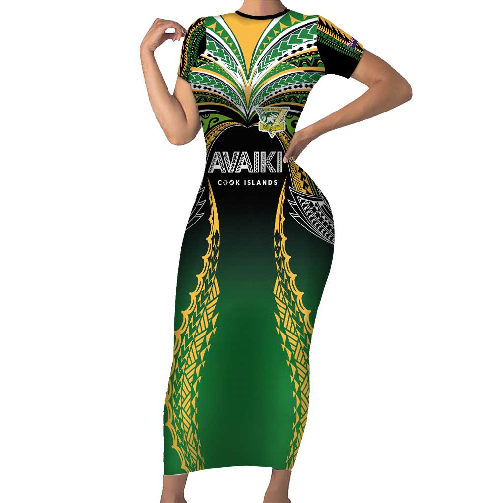 Custom Cook Islands Rugby League Family Matching Short Sleeve Bodycon Dress and Hawaiian Shirt Avaiki Tatau Tribal Motifs Black Color - Polynesian Pride