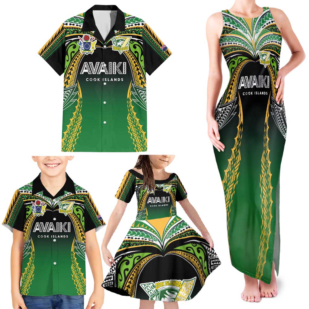 Custom Cook Islands Rugby League Family Matching Tank Maxi Dress and Hawaiian Shirt Avaiki Tatau Tribal Motifs Black Color - Polynesian Pride
