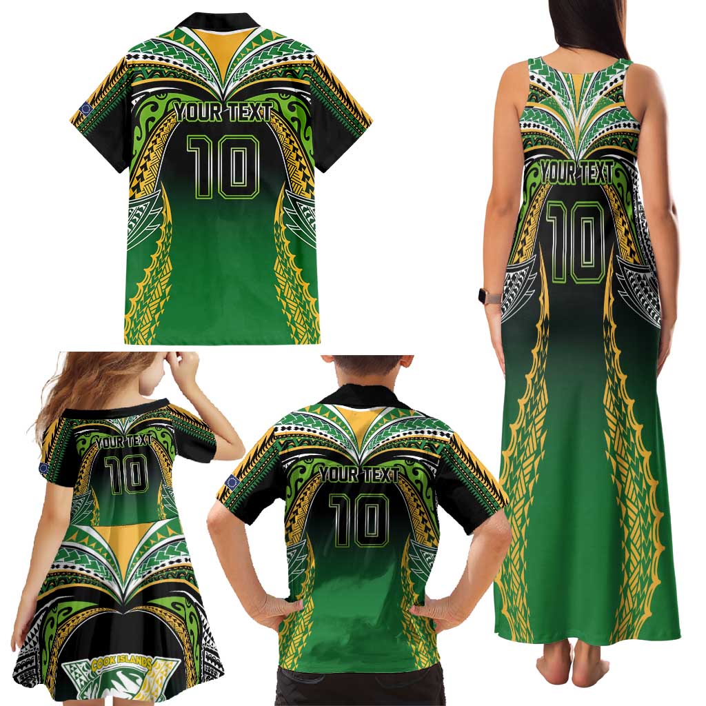 Custom Cook Islands Rugby League Family Matching Tank Maxi Dress and Hawaiian Shirt Avaiki Tatau Tribal Motifs Black Color - Polynesian Pride