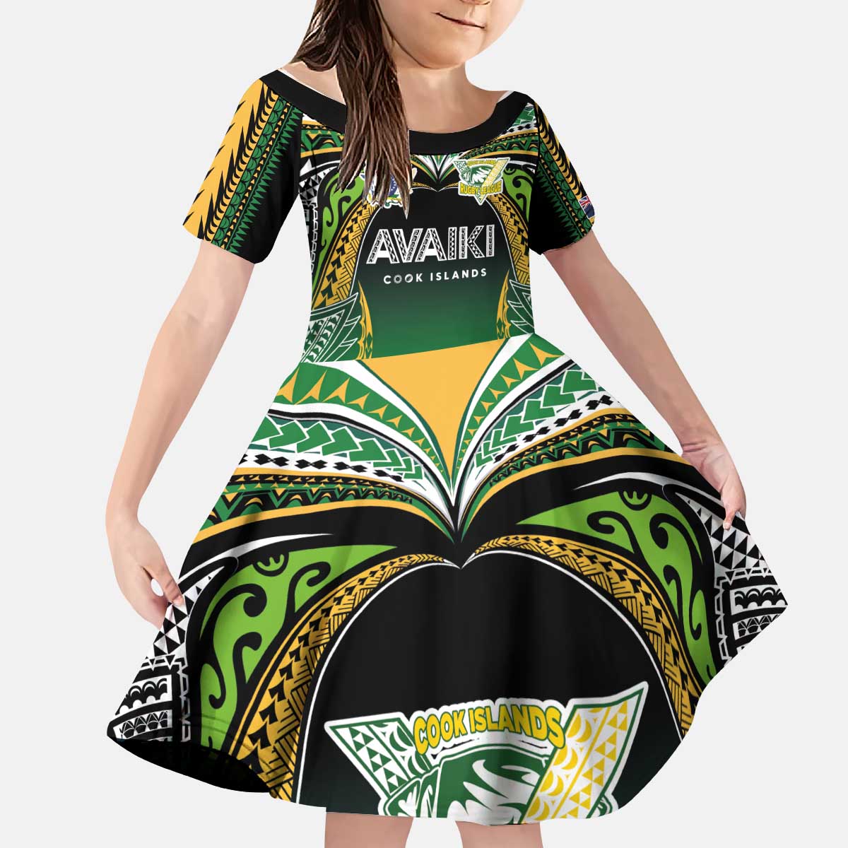 Custom Cook Islands Rugby League Kid Short Sleeve Dress Avaiki Tatau Tribal Motifs Black Color - Polynesian Pride
