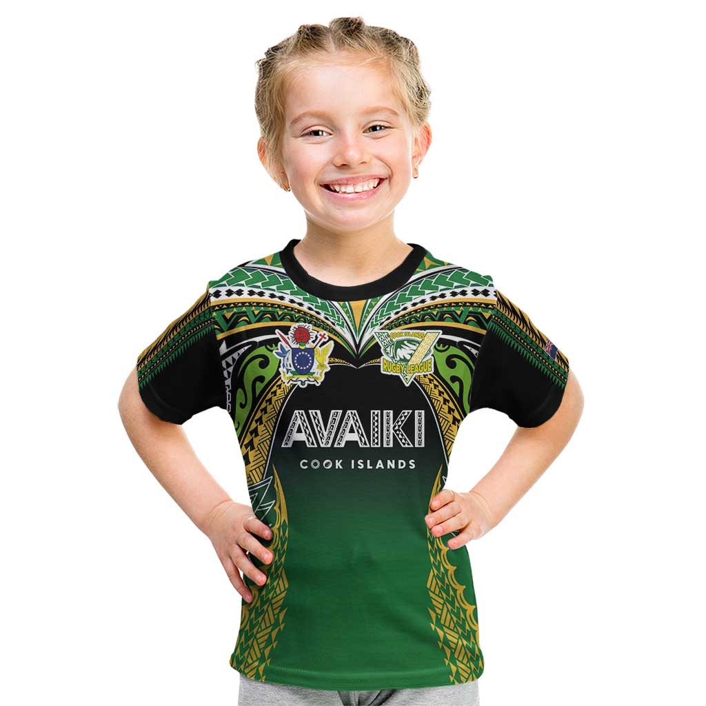 Custom Cook Islands Rugby League Kid T Shirt Avaiki Tatau Tribal Motifs Black Color - Polynesian Pride