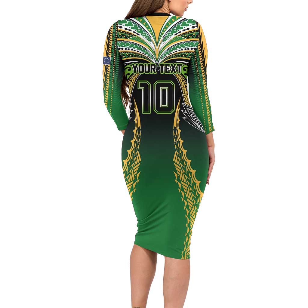 Custom Cook Islands Rugby League Long Sleeve Bodycon Dress Avaiki Tatau Tribal Motifs Black Color - Polynesian Pride