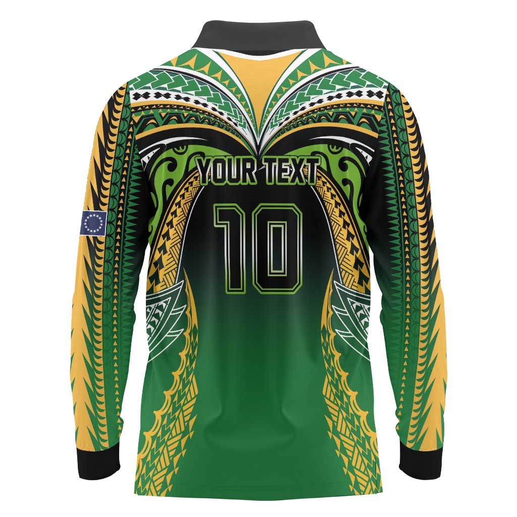 Custom Cook Islands Rugby League Long Sleeve Polo Shirt Avaiki Tatau Tribal Motifs Black Color - Polynesian Pride