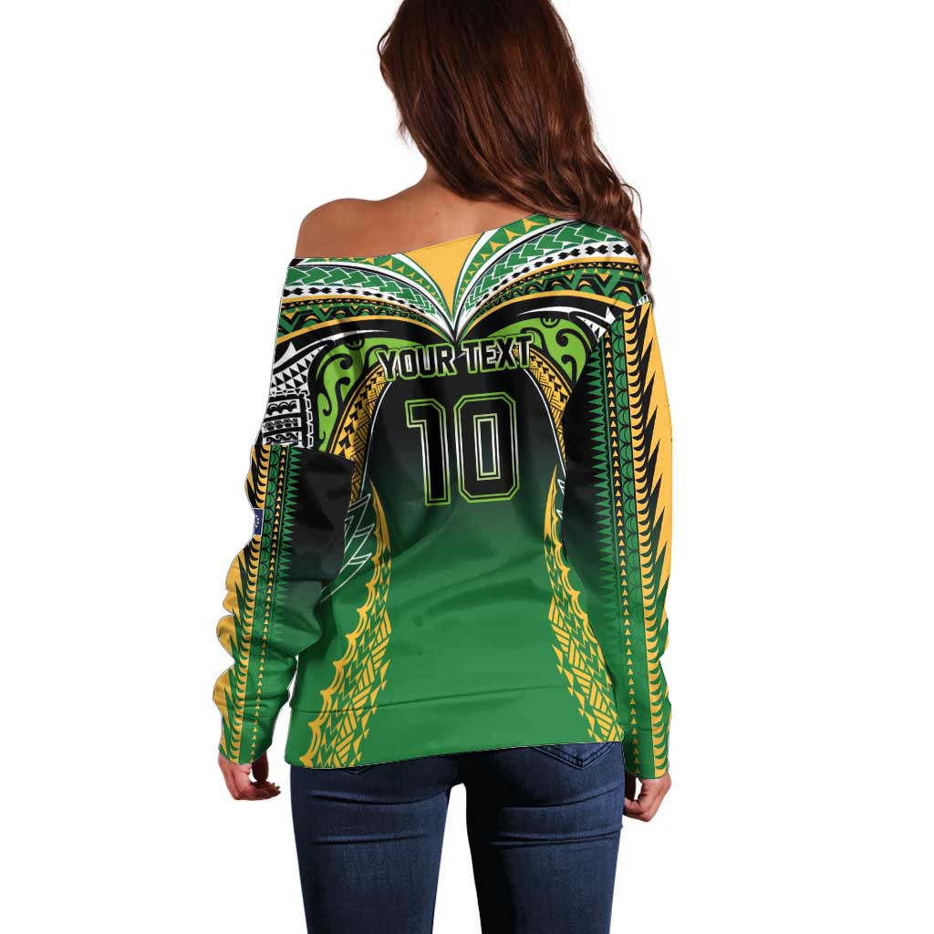 Custom Cook Islands Rugby League Off Shoulder Sweater Avaiki Tatau Tribal Motifs Black Color - Polynesian Pride