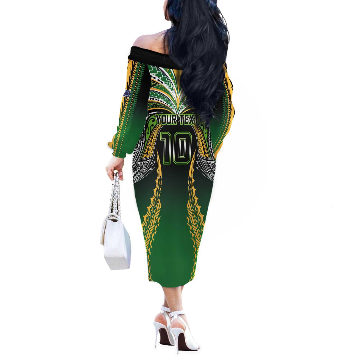Custom Cook Islands Rugby League Off The Shoulder Long Sleeve Dress Avaiki Tatau Tribal Motifs Black Color - Polynesian Pride