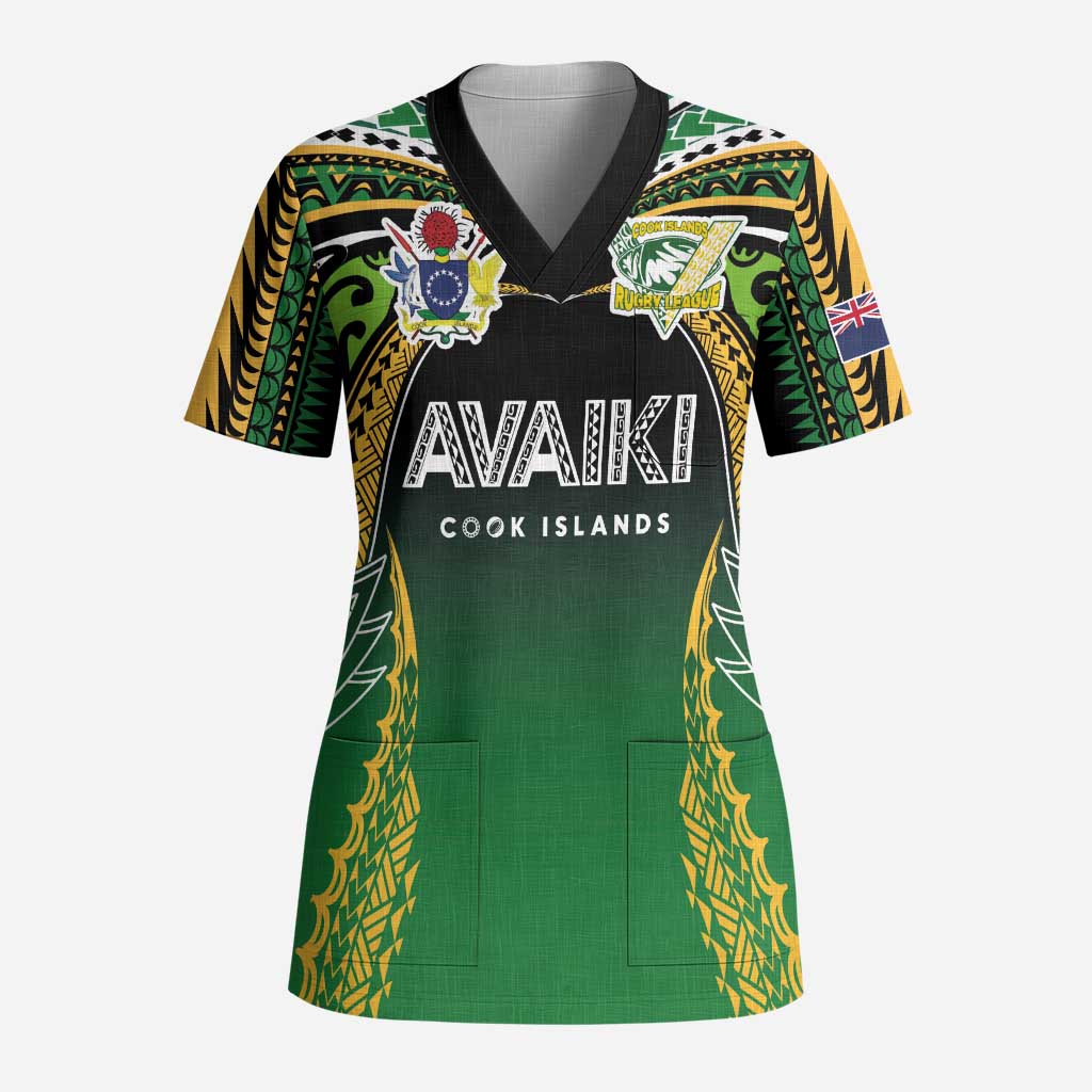 Custom Cook Islands Rugby League Scrub Top Avaiki Tatau Tribal Motifs Black Color - Polynesian Pride