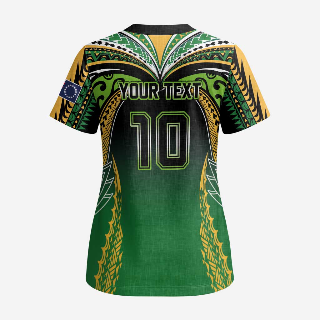 Custom Cook Islands Rugby League Scrub Top Avaiki Tatau Tribal Motifs Black Color - Polynesian Pride