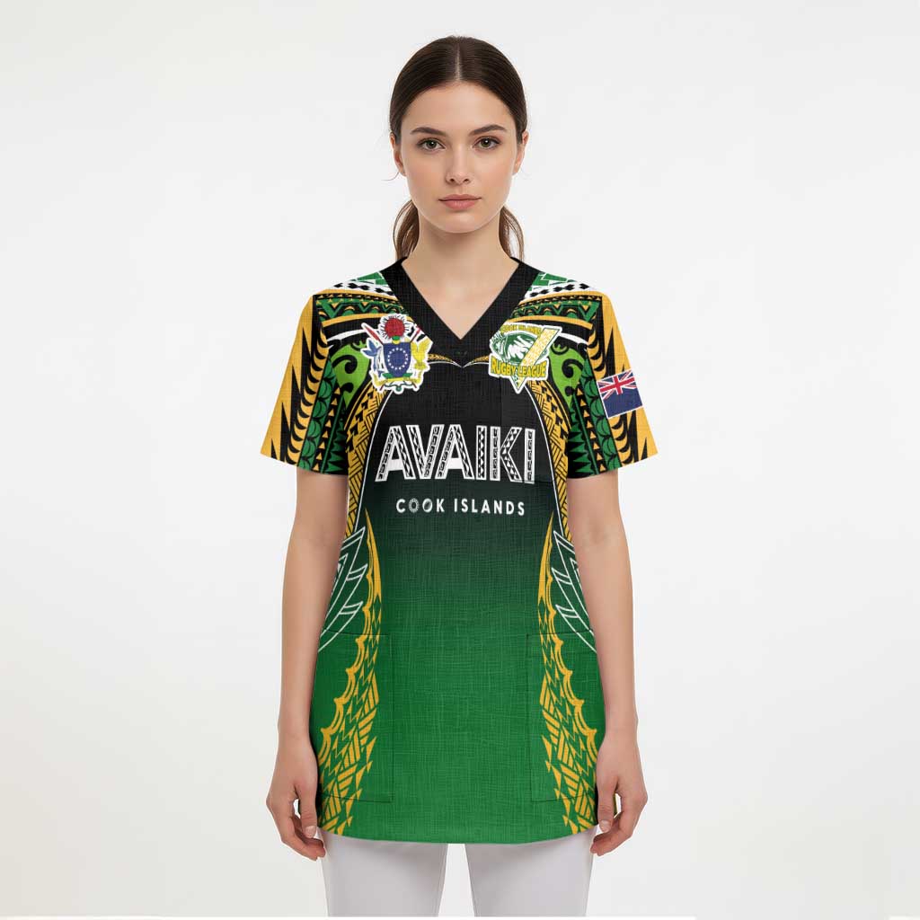 Custom Cook Islands Rugby League Scrub Top Avaiki Tatau Tribal Motifs Black Color - Polynesian Pride