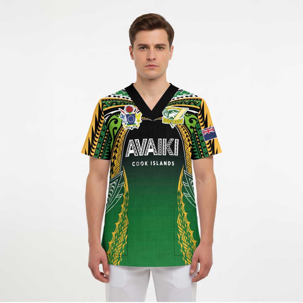 Custom Cook Islands Rugby League Scrub Top Avaiki Tatau Tribal Motifs Black Color - Polynesian Pride