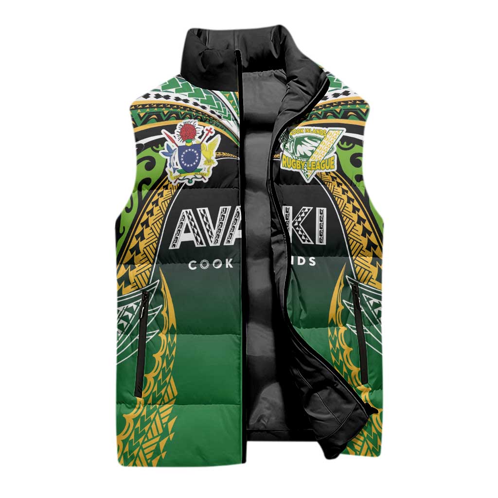 Custom Cook Islands Rugby League Sleeveless Puffer Jacket Avaiki Tatau Tribal Motifs Black Color - Polynesian Pride