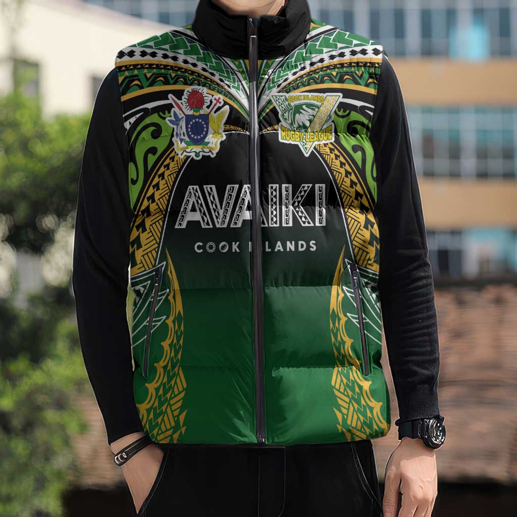 Custom Cook Islands Rugby League Sleeveless Puffer Jacket Avaiki Tatau Tribal Motifs Black Color - Polynesian Pride