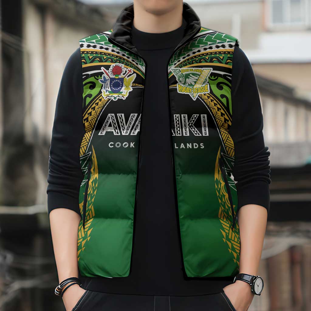 Custom Cook Islands Rugby League Sleeveless Puffer Jacket Avaiki Tatau Tribal Motifs Black Color - Polynesian Pride