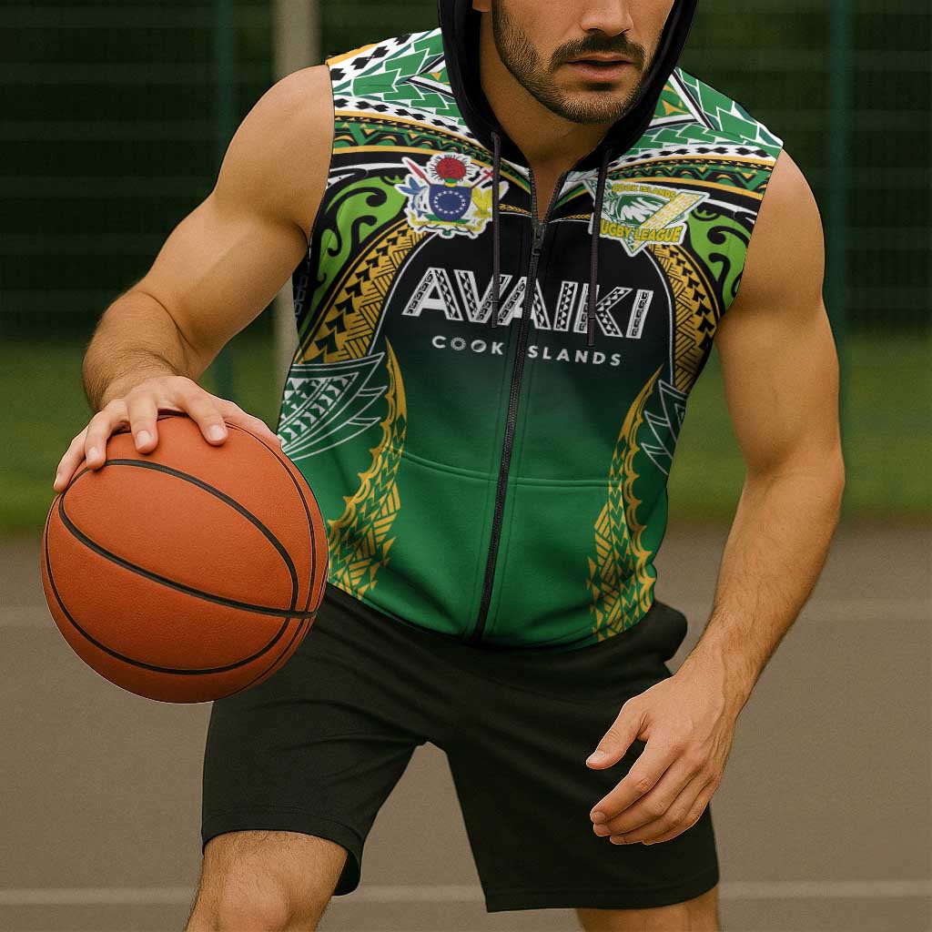 Custom Cook Islands Rugby League Sleeveless Zip Hoodie Avaiki Tatau Tribal Motifs Black Color - Polynesian Pride