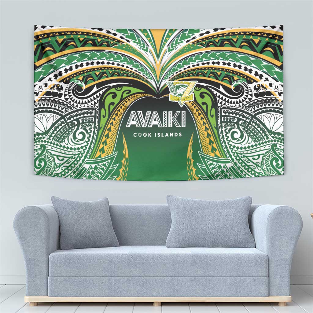 Cook Islands Rugby League Tapestry Avaiki Tatau Tribal Motifs Black Color - Polynesian Pride