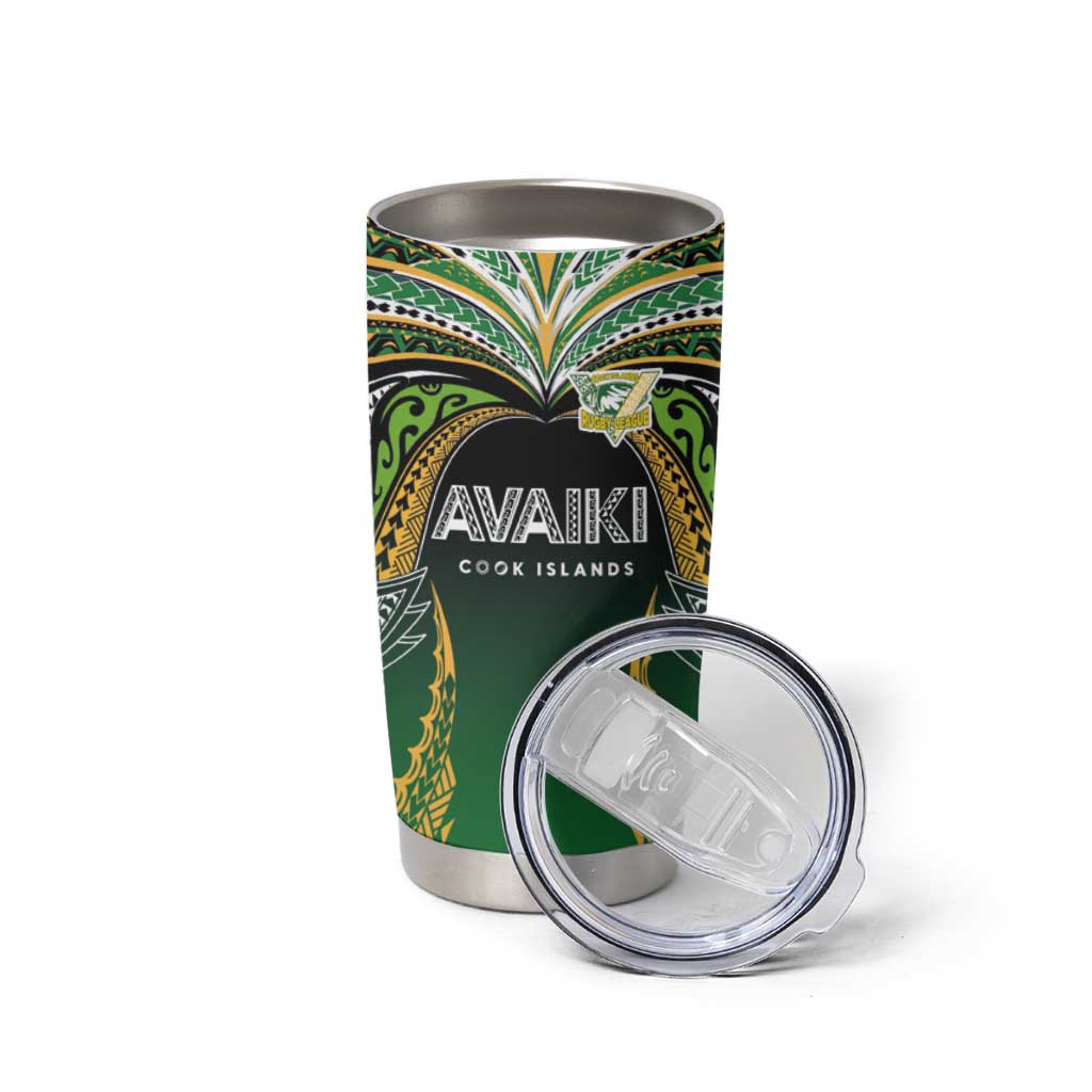 Custom Cook Islands Rugby League Tumbler Cup Avaiki Tatau Tribal Motifs Black Color - Polynesian Pride