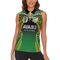 Custom Cook Islands Rugby League Women Sleeveless Polo Shirt Avaiki Tatau Tribal Motifs Black Color - Polynesian Pride