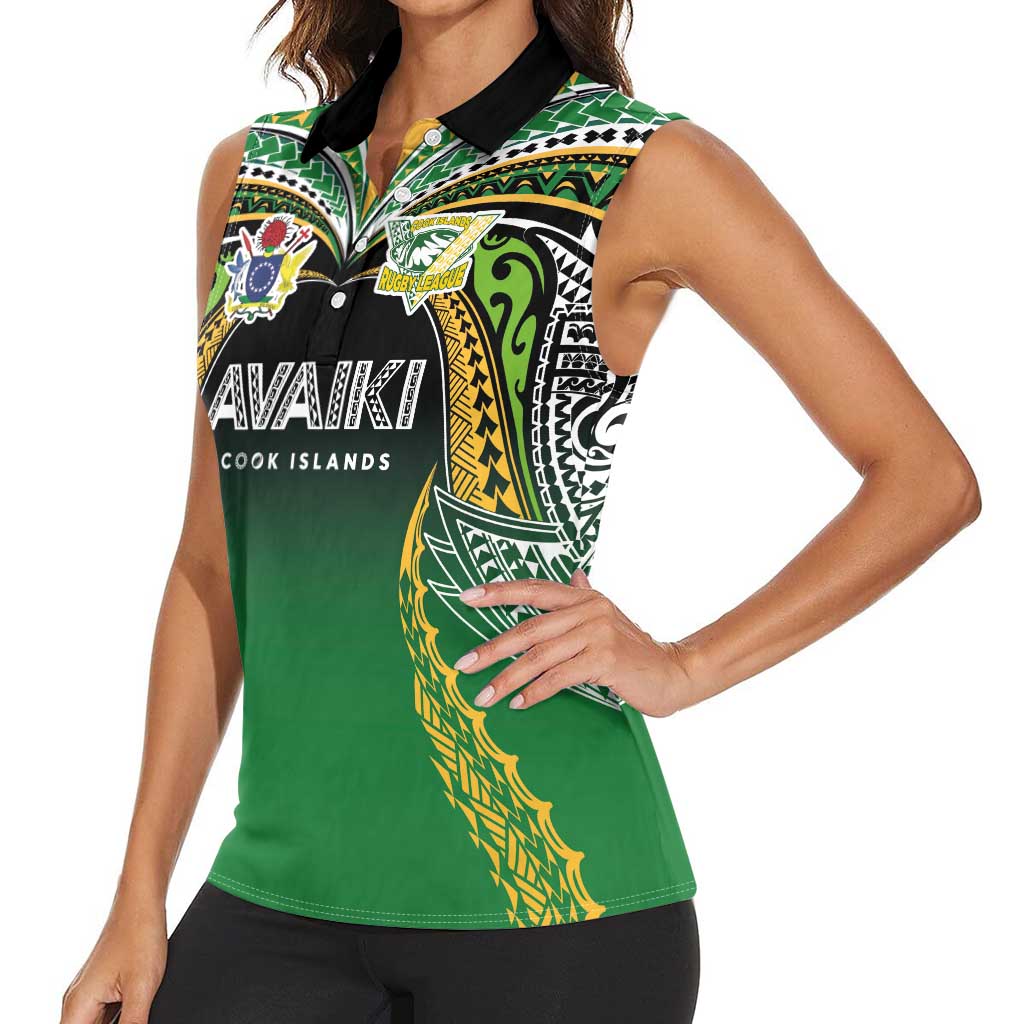 Custom Cook Islands Rugby League Women Sleeveless Polo Shirt Avaiki Tatau Tribal Motifs Black Color - Polynesian Pride