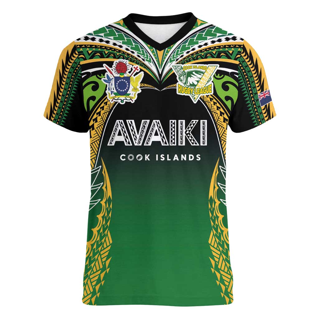 Custom Cook Islands Rugby League Women V-Neck T-Shirt Avaiki Tatau Tribal Motifs Black Color - Polynesian Pride
