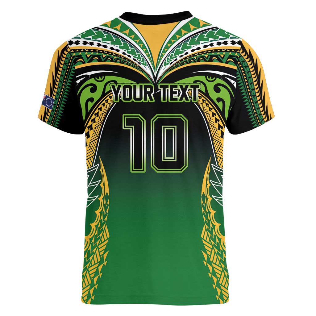 Custom Cook Islands Rugby League Women V-Neck T-Shirt Avaiki Tatau Tribal Motifs Black Color - Polynesian Pride