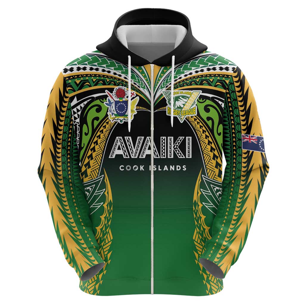 Custom Cook Islands Rugby League Zip Hoodie Avaiki Tatau Tribal Motifs Black Color - Polynesian Pride