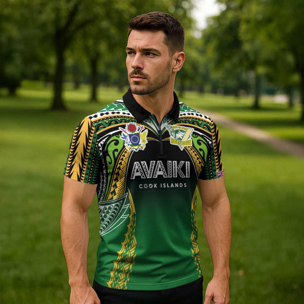 Custom Cook Islands Rugby League Zipper Polo Shirt Avaiki Tatau Tribal Motifs Black Color - Polynesian Pride