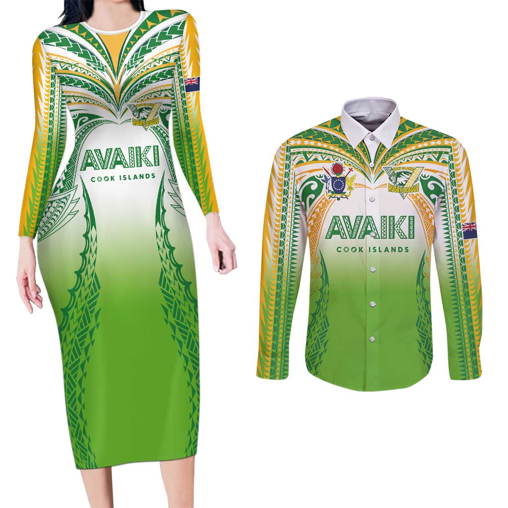 Custom Cook Islands Rugby League Couples Matching Long Sleeve Bodycon Dress and Long Sleeve Button Shirt Avaiki Tatau Tribal Motifs White Color - Polynesian Pride