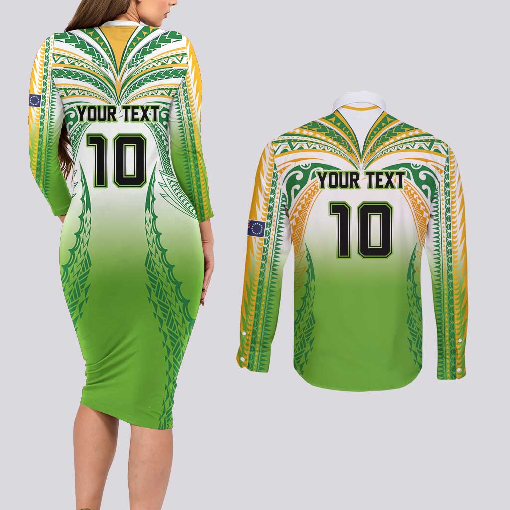 Custom Cook Islands Rugby League Couples Matching Long Sleeve Bodycon Dress and Long Sleeve Button Shirt Avaiki Tatau Tribal Motifs White Color - Polynesian Pride