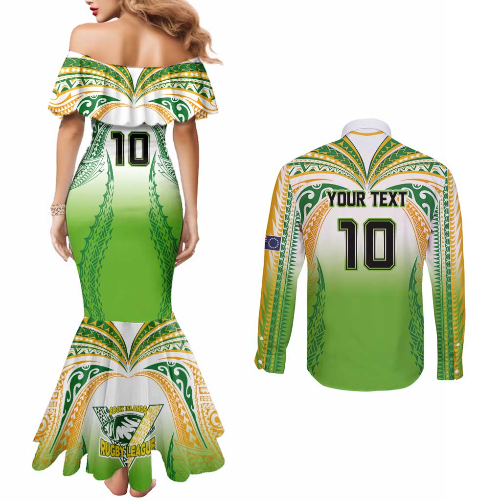 Custom Cook Islands Rugby League Couples Matching Mermaid Dress and Long Sleeve Button Shirt Avaiki Tatau Tribal Motifs White Color - Polynesian Pride