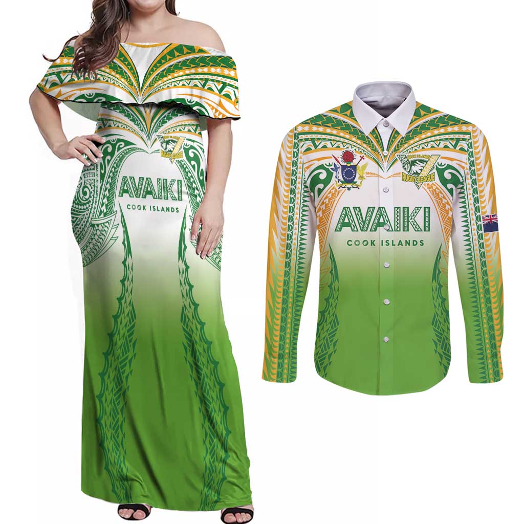 Custom Cook Islands Rugby League Couples Matching Off Shoulder Maxi Dress and Long Sleeve Button Shirt Avaiki Tatau Tribal Motifs White Color - Polynesian Pride
