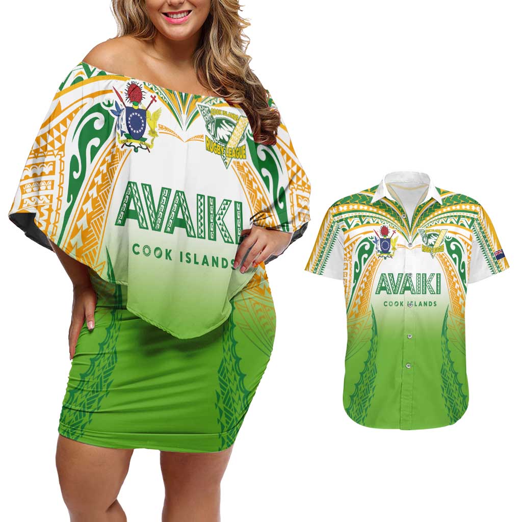 Custom Cook Islands Rugby League Couples Matching Off Shoulder Short Dress and Hawaiian Shirt Avaiki Tatau Tribal Motifs White Color - Polynesian Pride