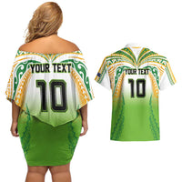 Custom Cook Islands Rugby League Couples Matching Off Shoulder Short Dress and Hawaiian Shirt Avaiki Tatau Tribal Motifs White Color - Polynesian Pride