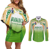 Custom Cook Islands Rugby League Couples Matching Off Shoulder Short Dress and Long Sleeve Button Shirt Avaiki Tatau Tribal Motifs White Color - Polynesian Pride