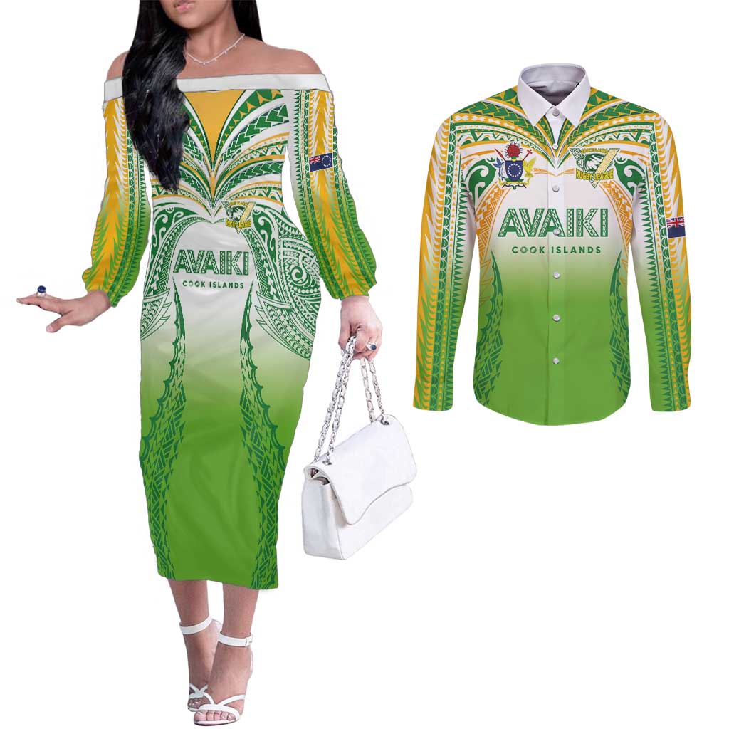 Custom Cook Islands Rugby League Couples Matching Off The Shoulder Long Sleeve Dress and Long Sleeve Button Shirt Avaiki Tatau Tribal Motifs White Color - Polynesian Pride