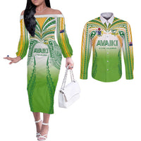 Custom Cook Islands Rugby League Couples Matching Off The Shoulder Long Sleeve Dress and Long Sleeve Button Shirt Avaiki Tatau Tribal Motifs White Color - Polynesian Pride