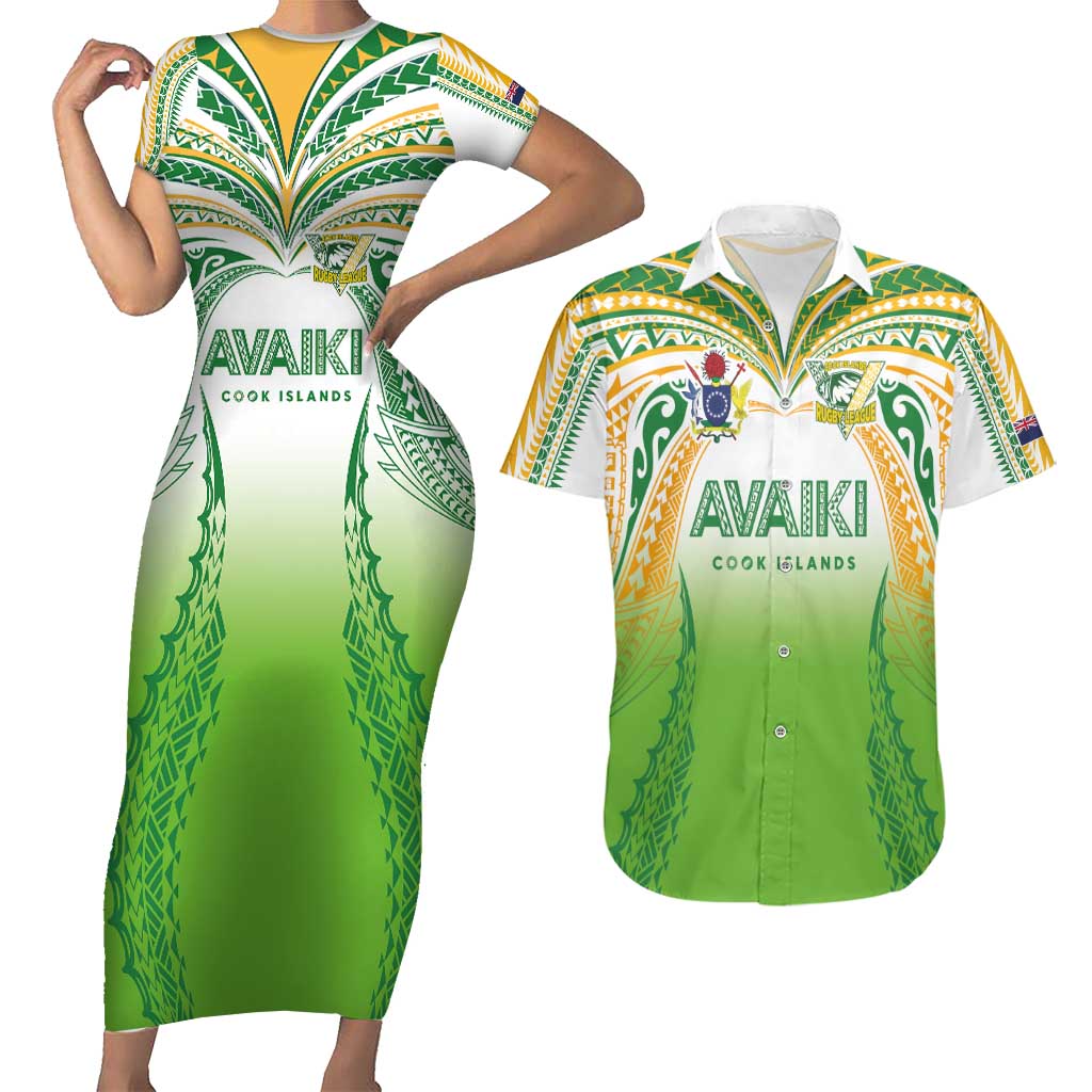 Custom Cook Islands Rugby League Couples Matching Short Sleeve Bodycon Dress and Hawaiian Shirt Avaiki Tatau Tribal Motifs White Color - Polynesian Pride