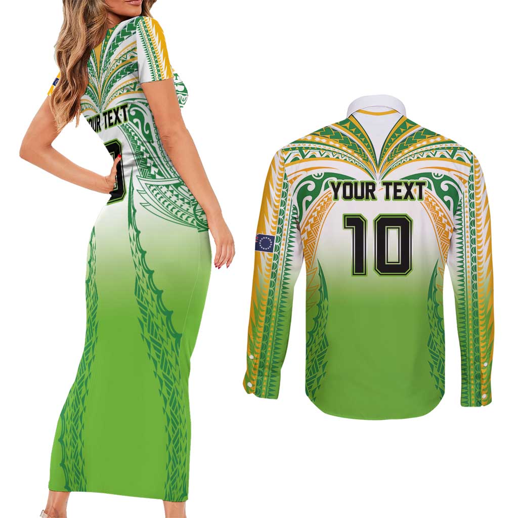 Custom Cook Islands Rugby League Couples Matching Short Sleeve Bodycon Dress and Long Sleeve Button Shirt Avaiki Tatau Tribal Motifs White Color - Polynesian Pride