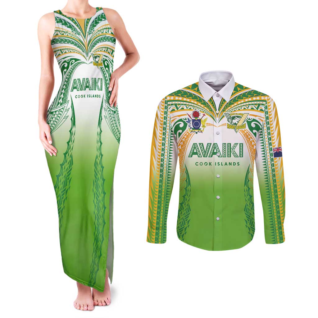 Custom Cook Islands Rugby League Couples Matching Tank Maxi Dress and Long Sleeve Button Shirt Avaiki Tatau Tribal Motifs White Color - Polynesian Pride
