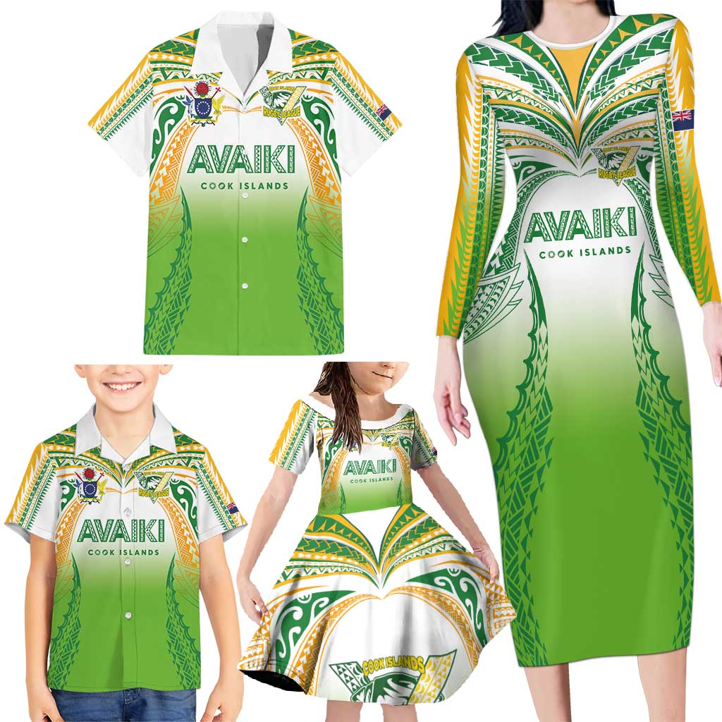 Custom Cook Islands Rugby League Family Matching Long Sleeve Bodycon Dress and Hawaiian Shirt Avaiki Tatau Tribal Motifs White Color - Polynesian Pride
