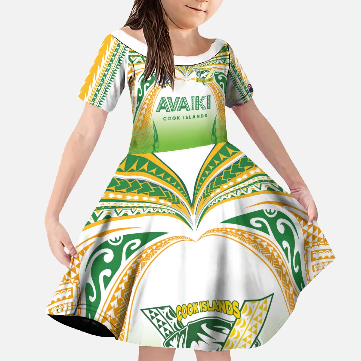 Custom Cook Islands Rugby League Family Matching Off The Shoulder Long Sleeve Dress and Hawaiian Shirt Avaiki Tatau Tribal Motifs White Color - Polynesian Pride
