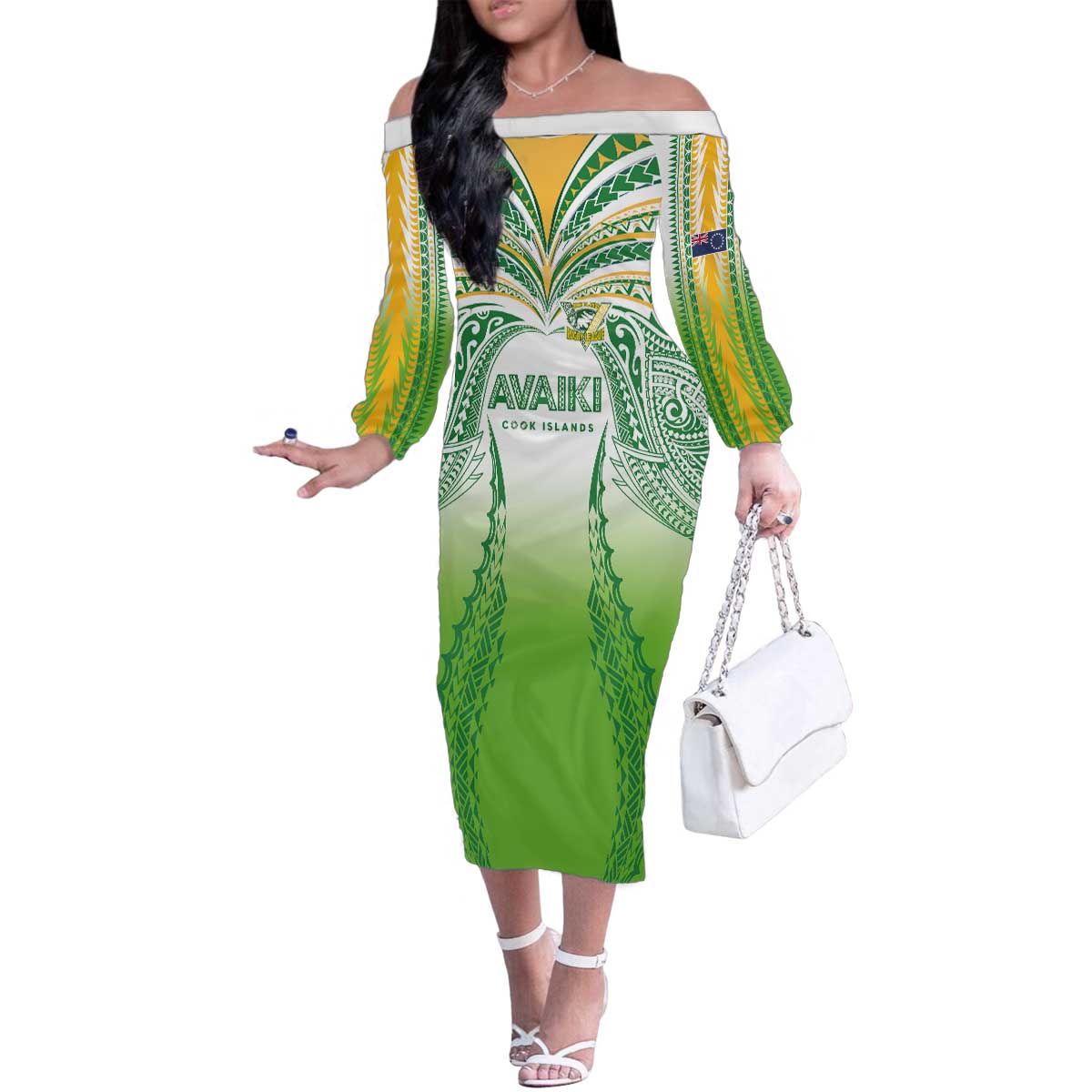Custom Cook Islands Rugby League Family Matching Off The Shoulder Long Sleeve Dress and Hawaiian Shirt Avaiki Tatau Tribal Motifs White Color - Polynesian Pride