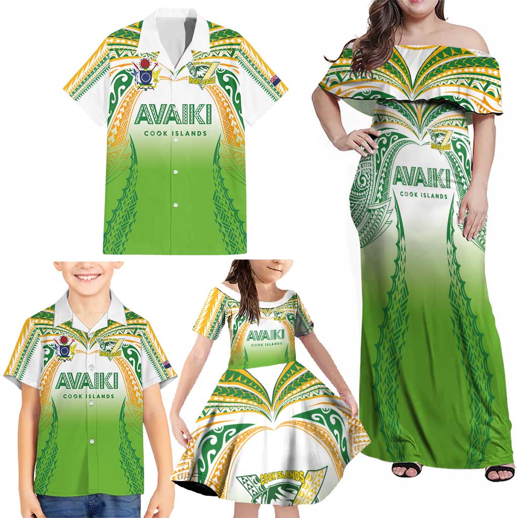 Custom Cook Islands Rugby League Family Matching Off Shoulder Maxi Dress and Hawaiian Shirt Avaiki Tatau Tribal Motifs White Color - Polynesian Pride