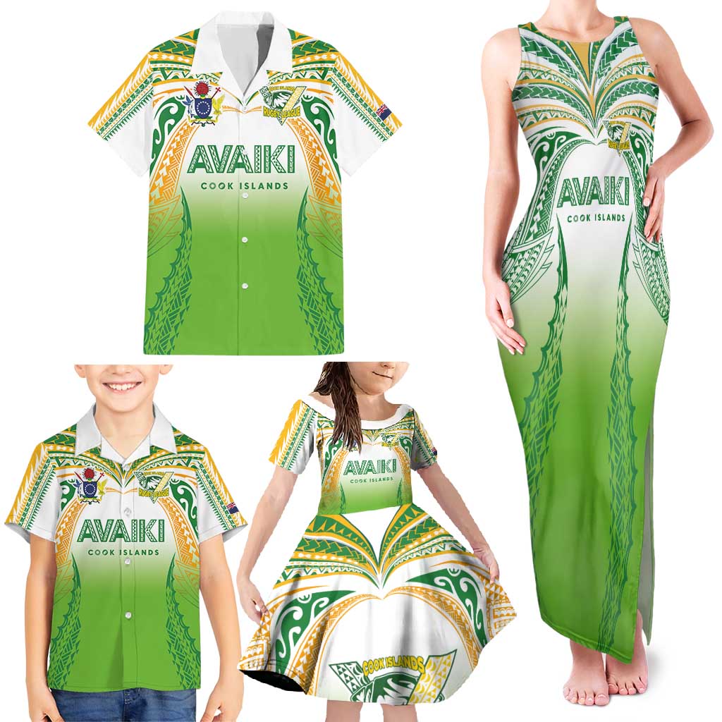 Custom Cook Islands Rugby League Family Matching Tank Maxi Dress and Hawaiian Shirt Avaiki Tatau Tribal Motifs White Color - Polynesian Pride