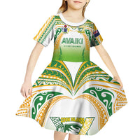 Custom Cook Islands Rugby League Kid Short Sleeve Dress Avaiki Tatau Tribal Motifs White Color - Polynesian Pride