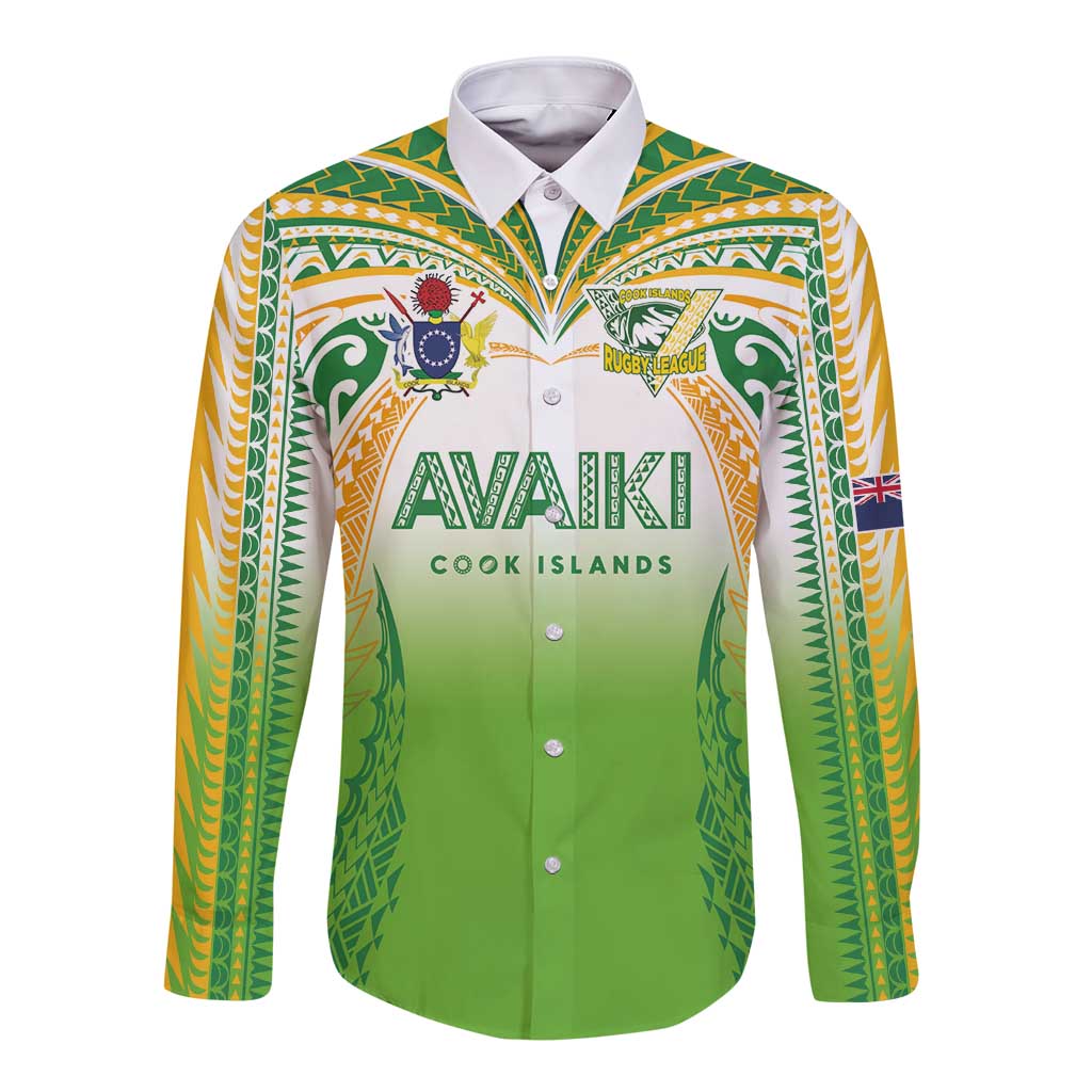 Custom Cook Islands Rugby League Long Sleeve Button Shirt Avaiki Tatau Tribal Motifs White Color - Polynesian Pride